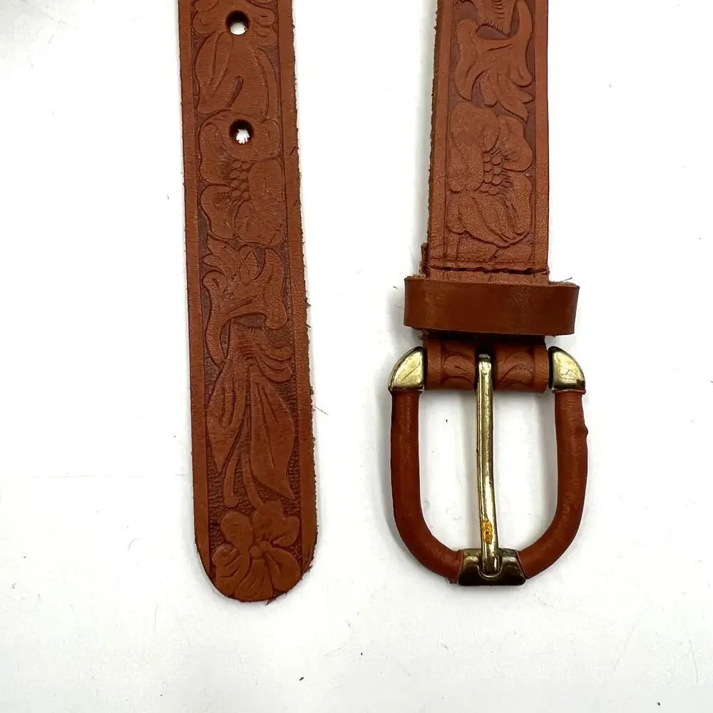 Tooled Leather Belt The Ritz Accessories Floral Motif Tan